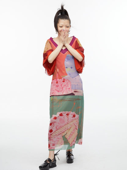QUORRA S CHORD Sexy Birthday Cake Kimono Print Slimming Women&