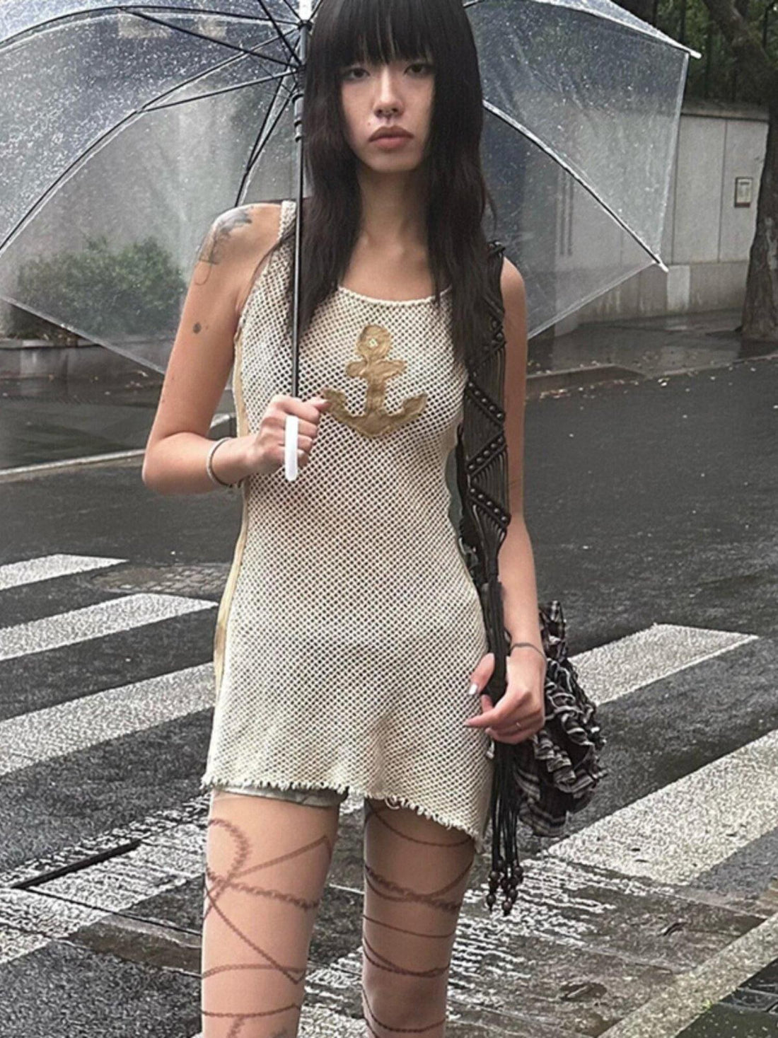 QUORRA S CHORD Sheer Mesh Punk Asymmetric Anchor T Back Women&