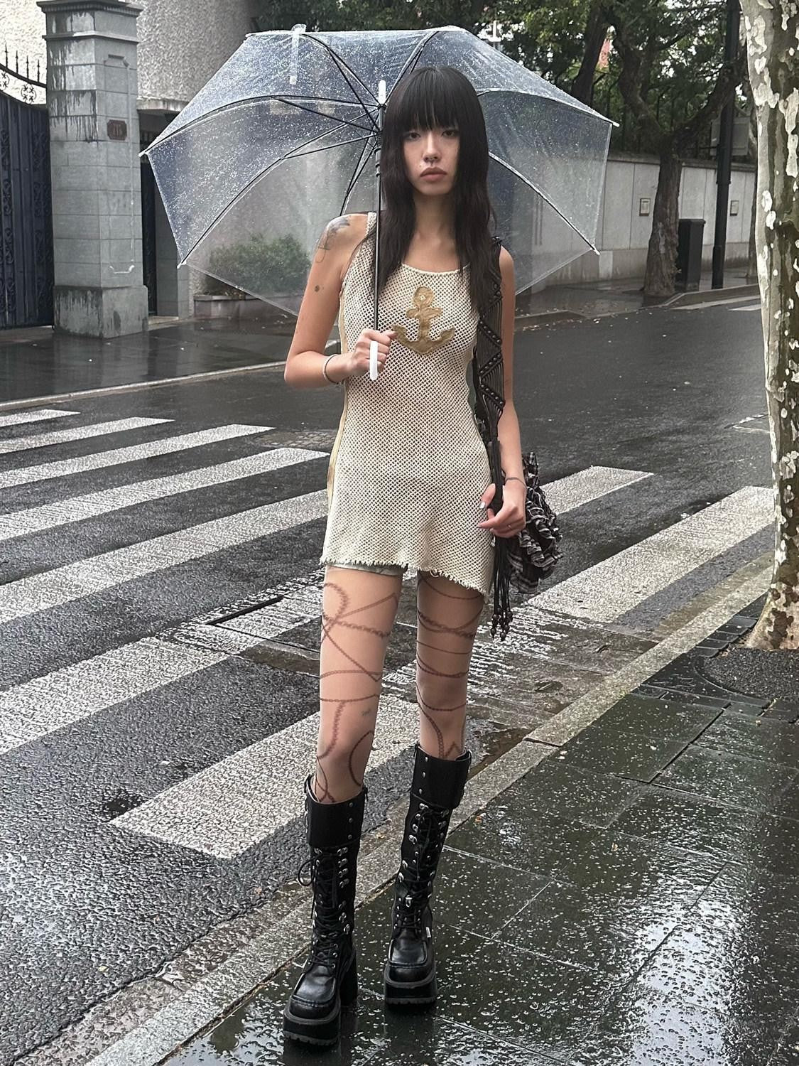 QUORRA S CHORD Sheer Mesh Punk Asymmetric Anchor T Back Women&