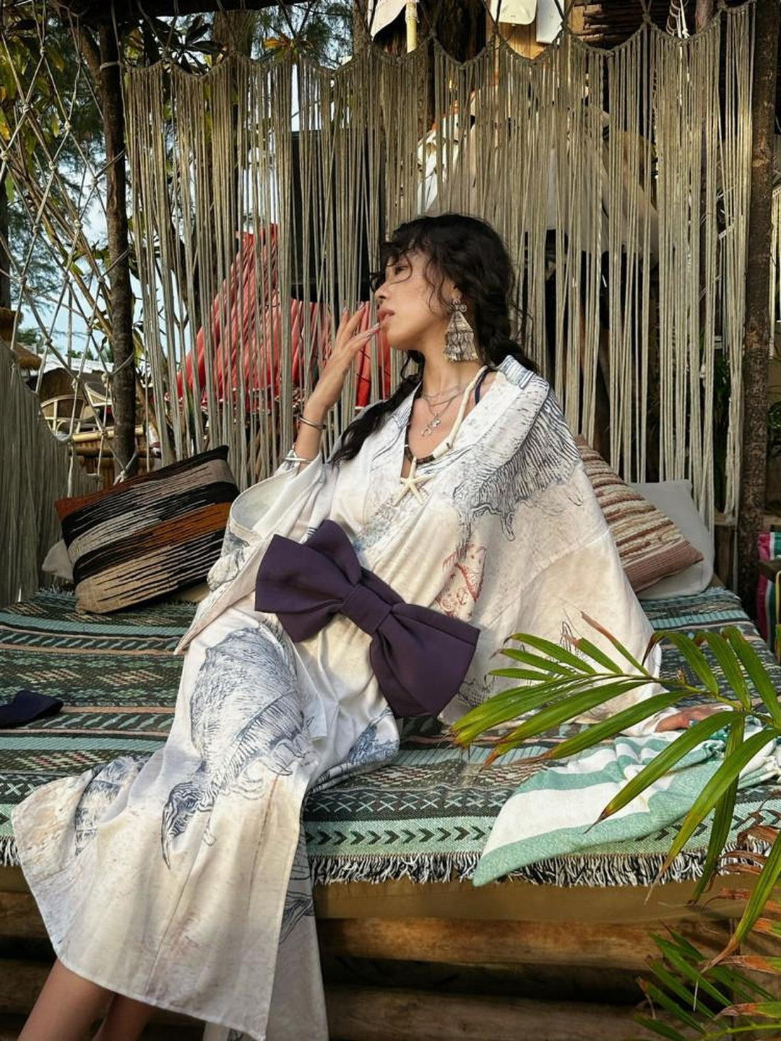 QUORRA S CHORD Shell Fossil Kimono Cape With Bow Belt Women&