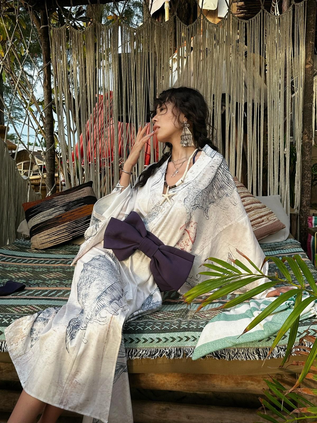 QUORRA S CHORD Shell Fossil Kimono Cape With Bow Belt Women&