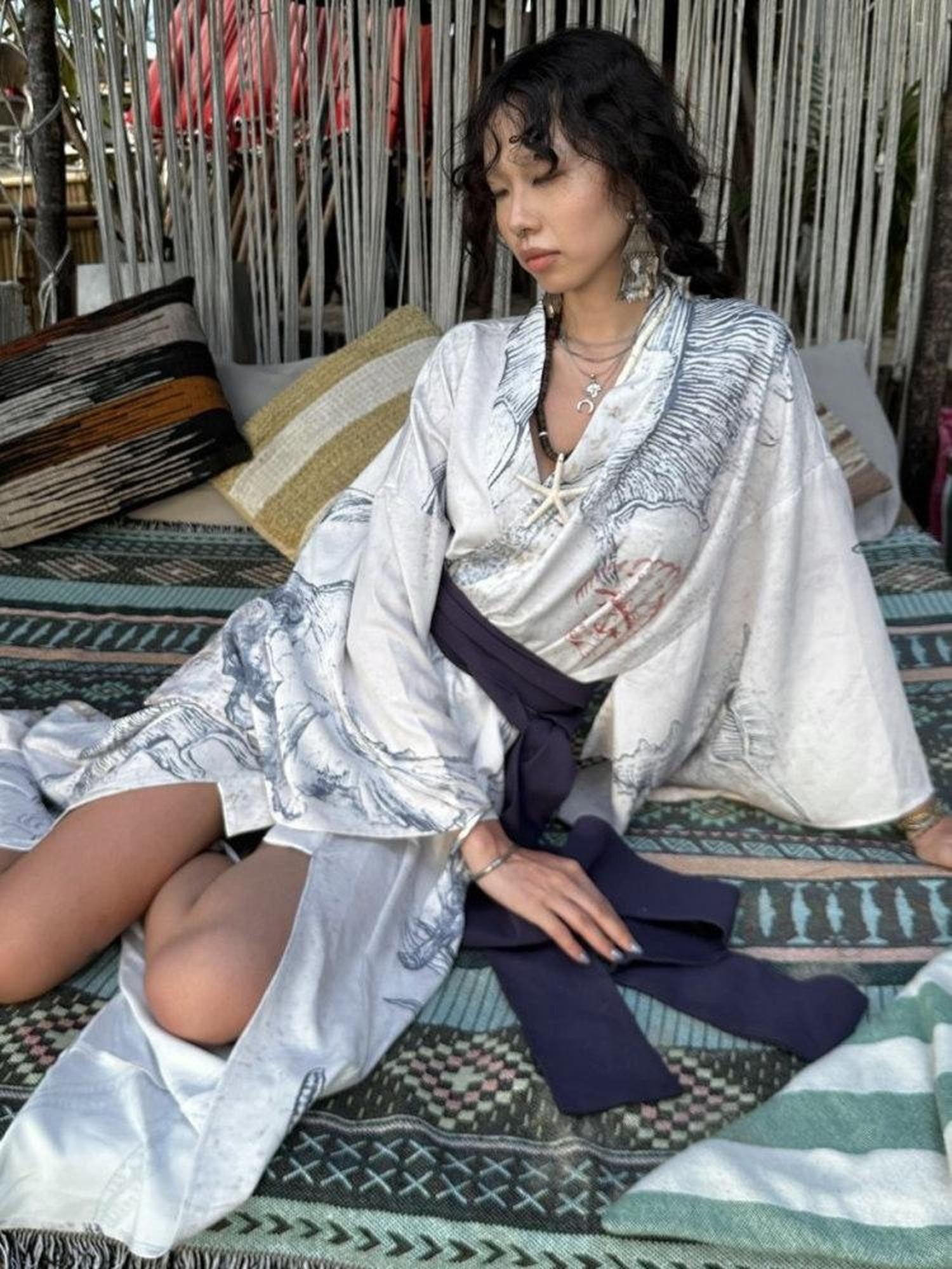QUORRA S CHORD Shell Fossil Kimono Cape With Bow Belt Women&
