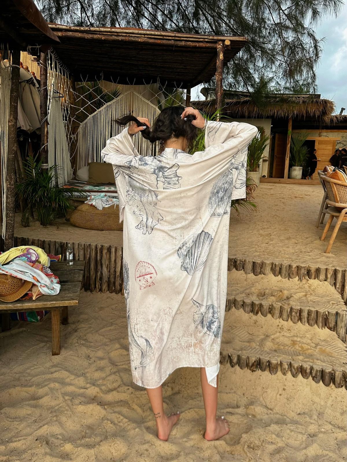 QUORRA S CHORD Shell Fossil Kimono Cape With Bow Belt Women&