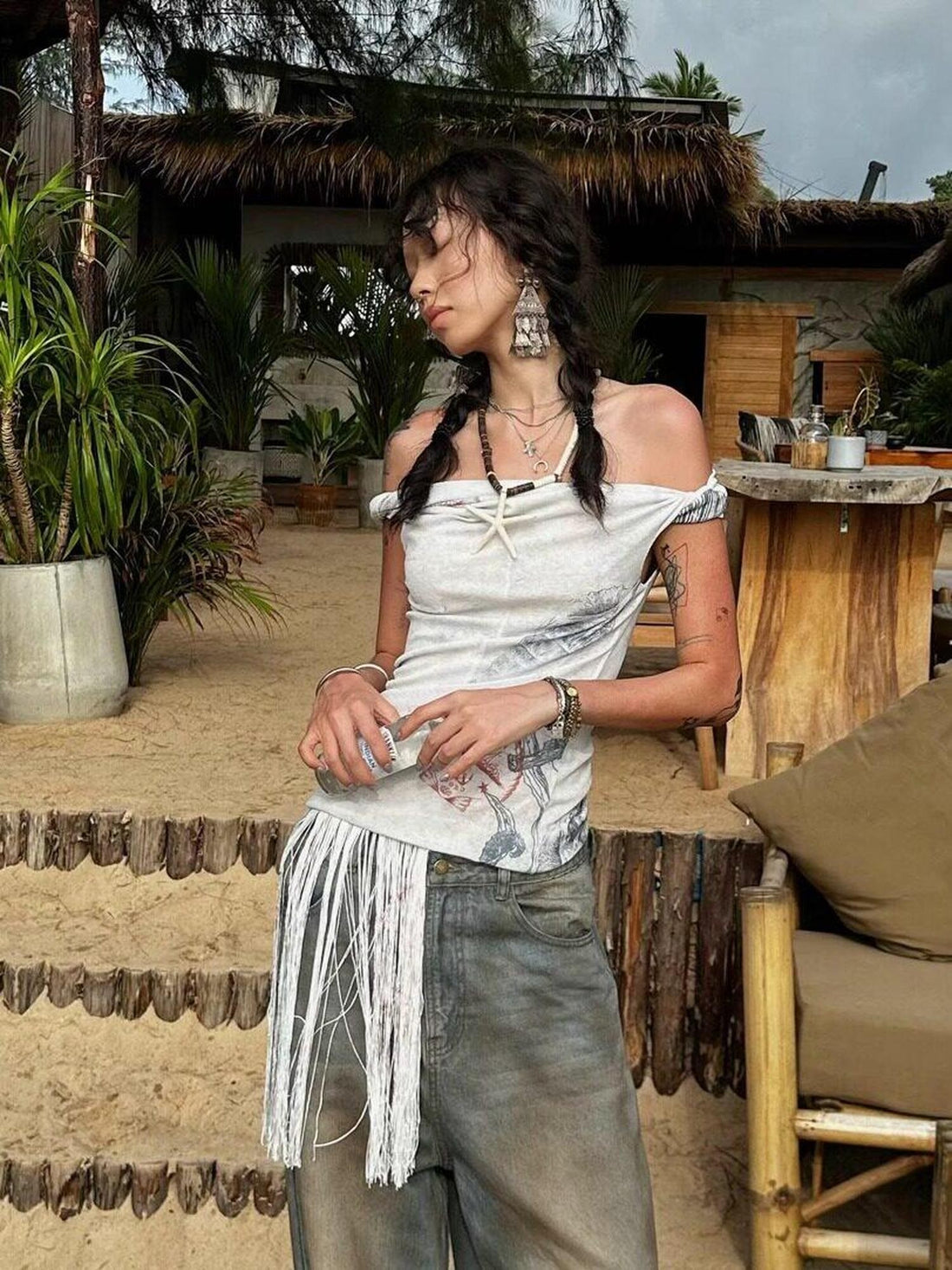 QUORRA S CHORD Shell Fossil Tassel Asymmetric Bardot Women&