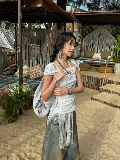 QUORRA S CHORD Shell Fossil Tassel Asymmetric Bardot Women&