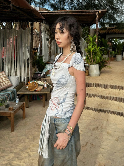 QUORRA S CHORD Shell Fossil Tassel Asymmetric Bardot Women&