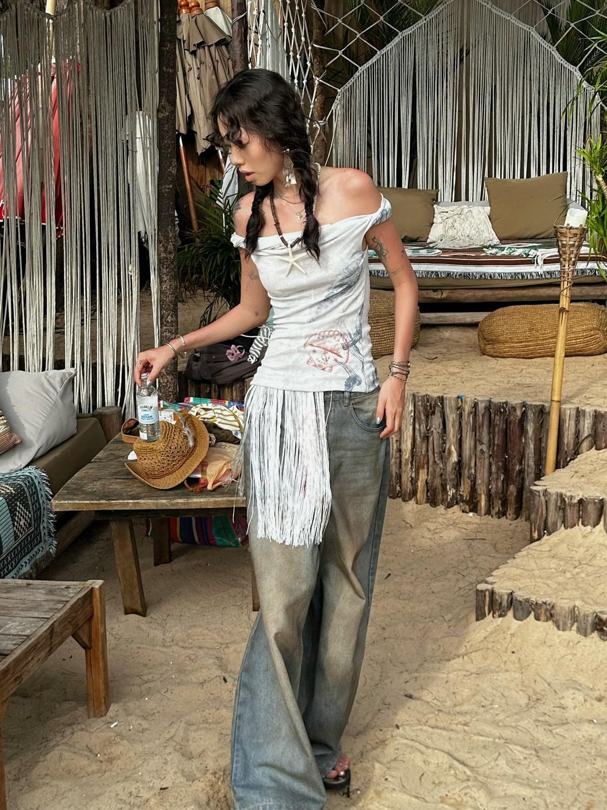 QUORRA S CHORD Shell Fossil Tassel Asymmetric Bardot Women&