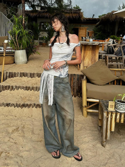 QUORRA S CHORD Shell Fossil Tassel Asymmetric Bardot Women&