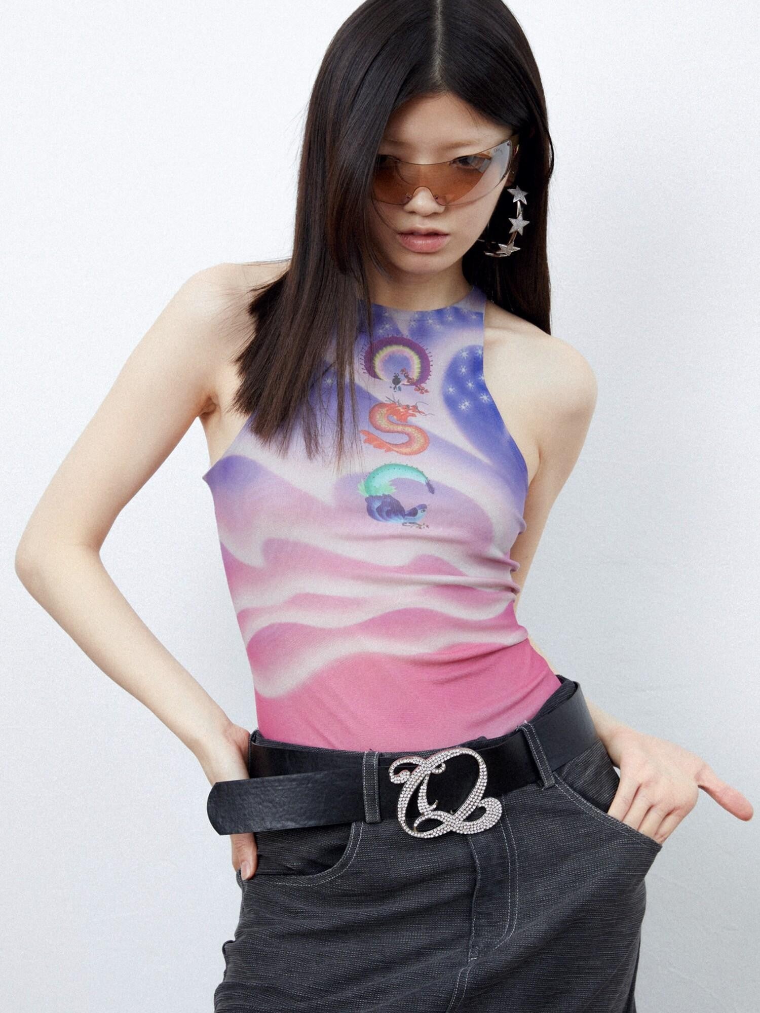 QUORRA S CHORD Sunset Pink Dreamy Floral Bird Print Chinese Street Style Women&