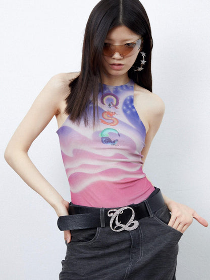 QUORRA S CHORD Sunset Pink Dreamy Floral Bird Print Chinese Street Style Women&