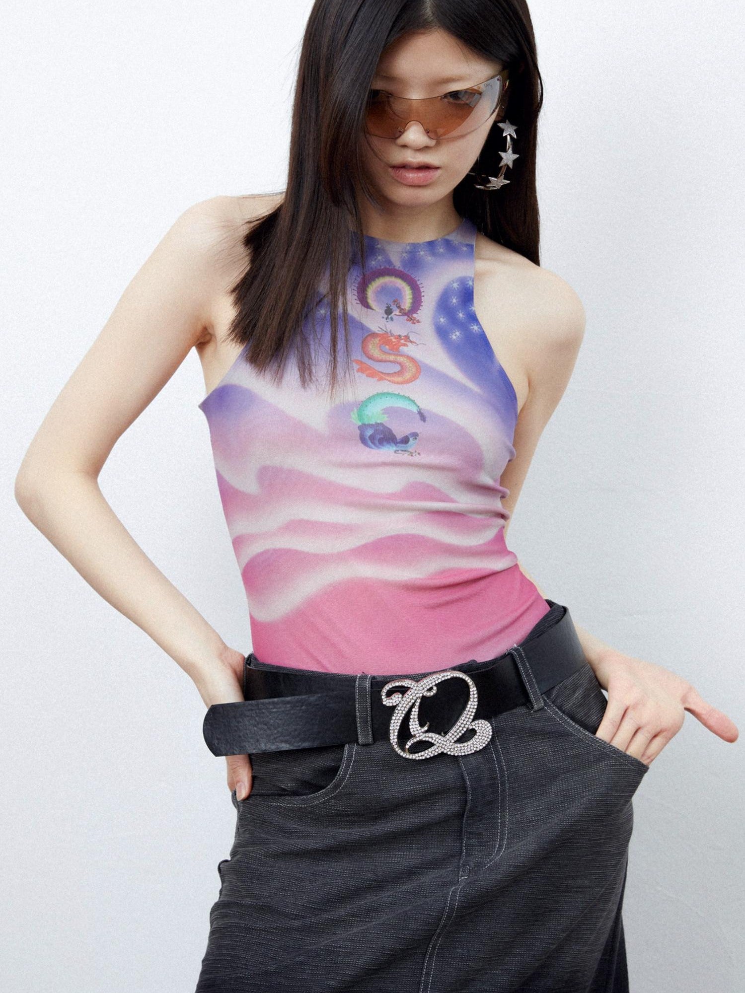 QUORRA S CHORD Sunset Pink Dreamy Floral Bird Print Chinese Street Style Women&