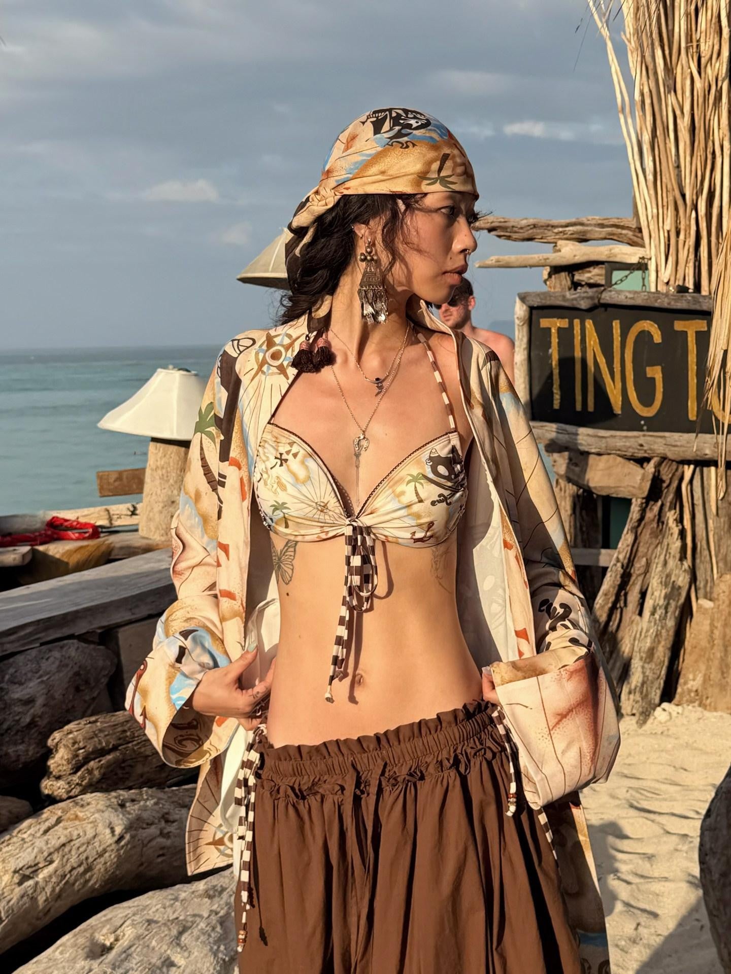 QUORRA S CHORD Treasure Map Print Pirate Skull Handmade Tassel Women&