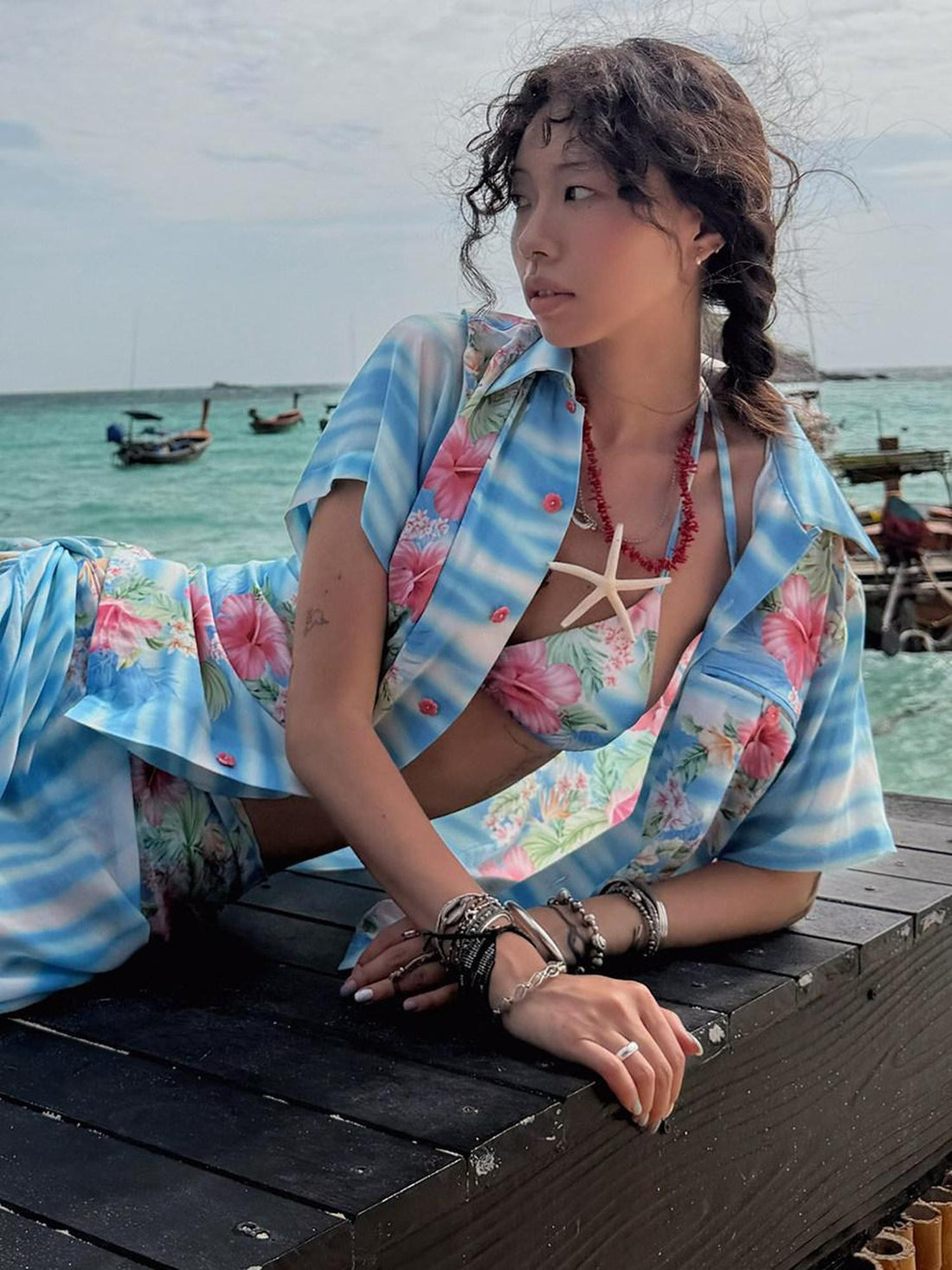 QUORRA S CHORD Tropical Hibiscus Garland Ocean Print Women&