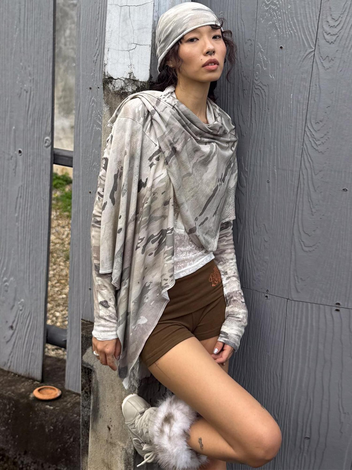 QUORRA S CHORD Vintage Camo Tie Front High Stretch Lyocell Wool Long Sleeve Women&
