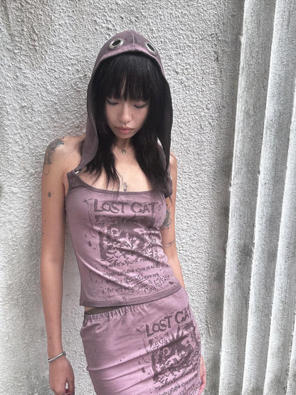 QUORRA S CHORD Washed Dusty Pink Punk Distressed Cat Print Hooded Slim Women&