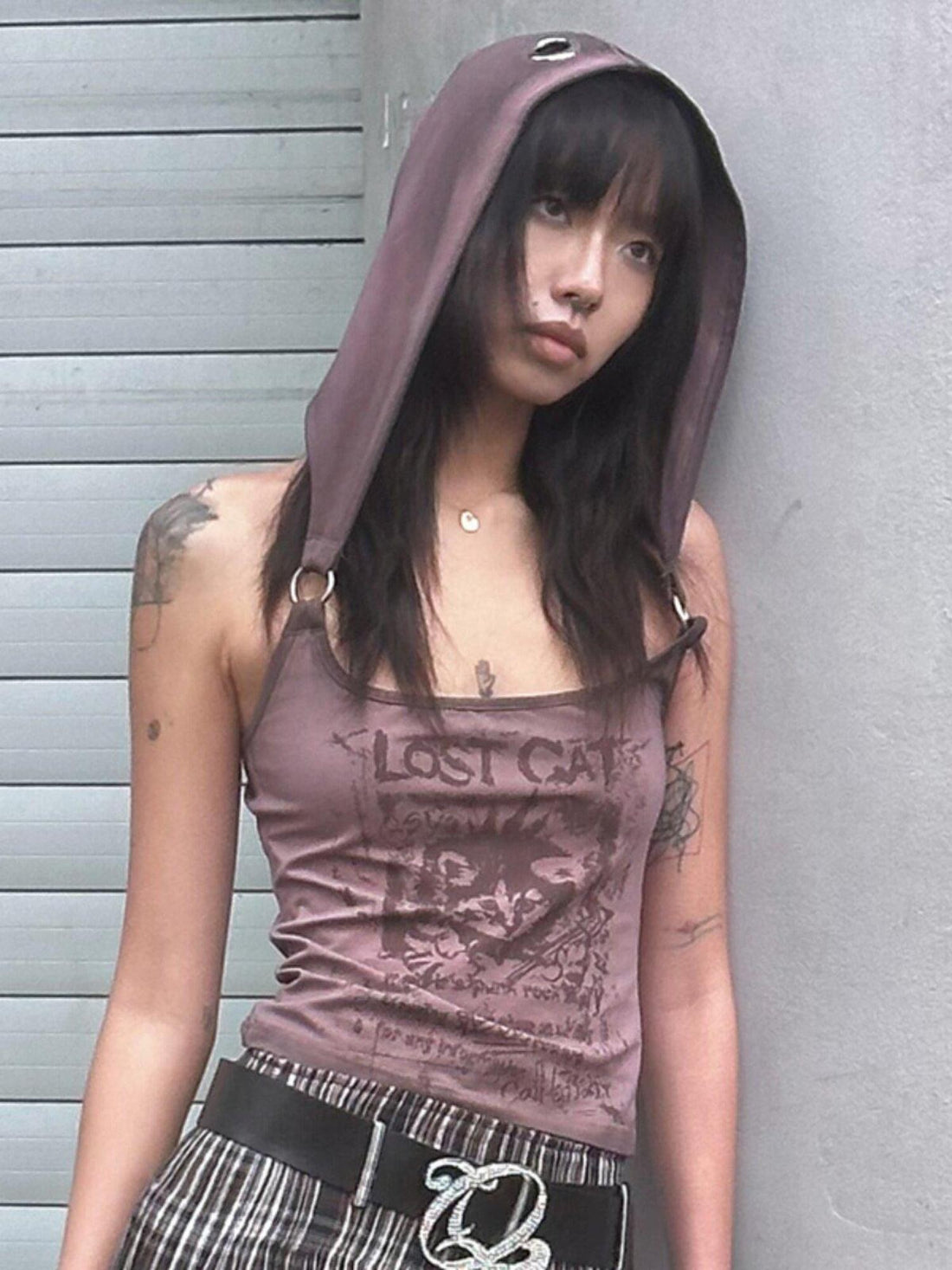 QUORRA S CHORD Washed Dusty Pink Punk Distressed Cat Print Hooded Slim Women&