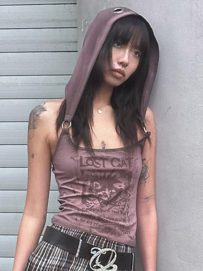QUORRA S CHORD Washed Dusty Pink Punk Distressed Cat Print Hooded Slim Women&