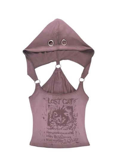 QUORRA S CHORD Washed Dusty Pink Punk Distressed Cat Print Hooded Slim Women&