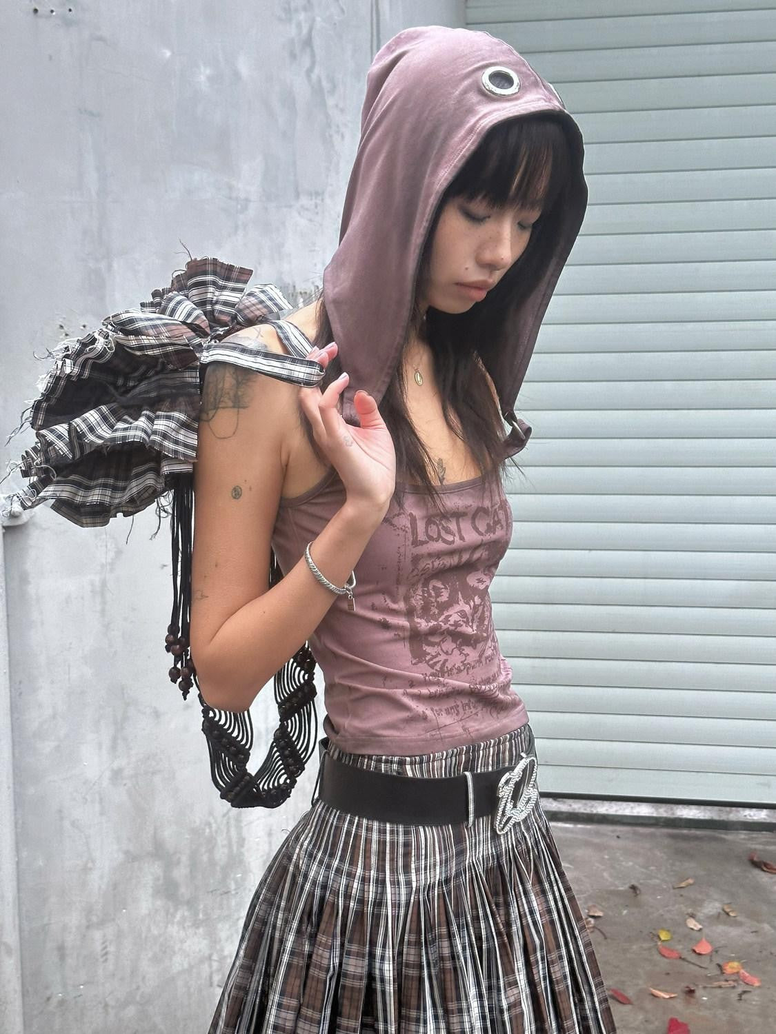 QUORRA S CHORD Washed Dusty Pink Punk Distressed Cat Print Hooded Slim Women&