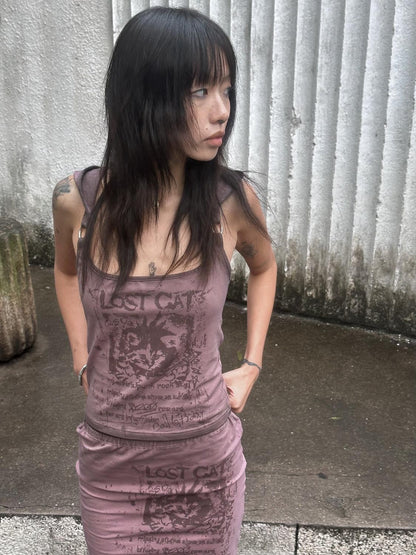 QUORRA S CHORD Washed Dusty Pink Punk Distressed Cat Print Hooded Slim Women&