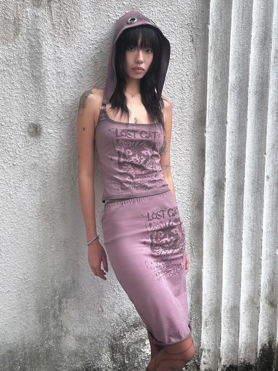 QUORRA S CHORD Washed Dusty Pink Punk Distressed Cat Print Hooded Slim Women&