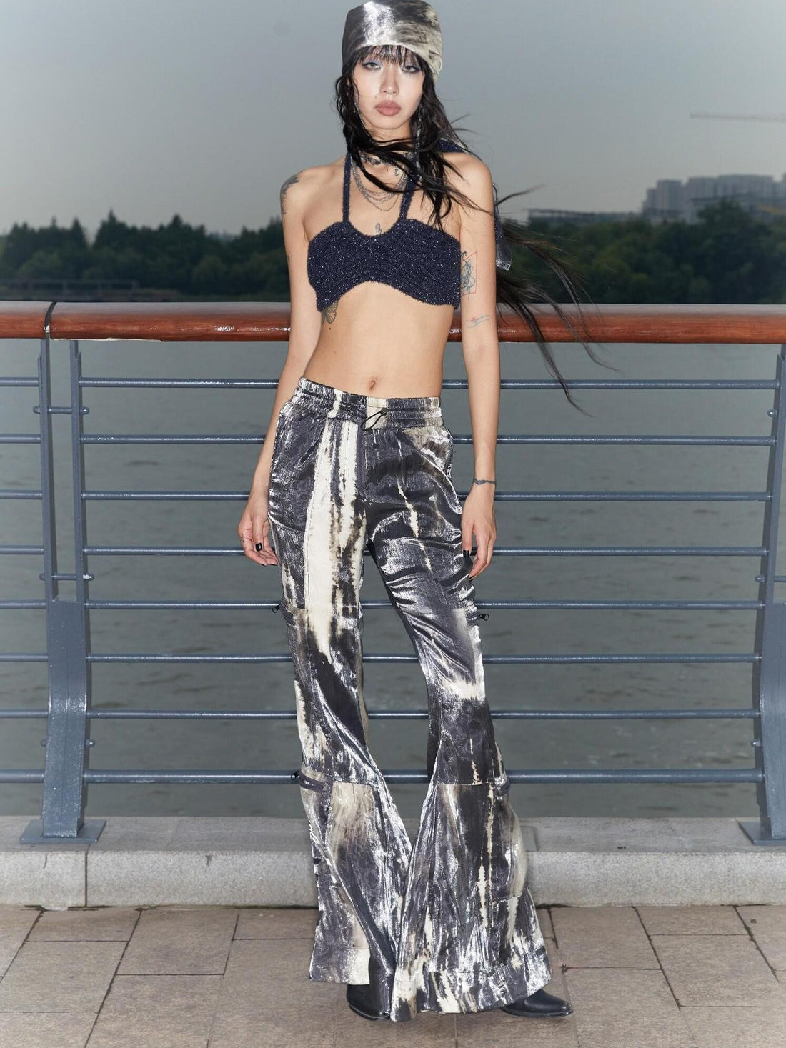 QUORRA S CHORD Water Ripple Tie Dye Sporty Cargo Elastic Waist Women&