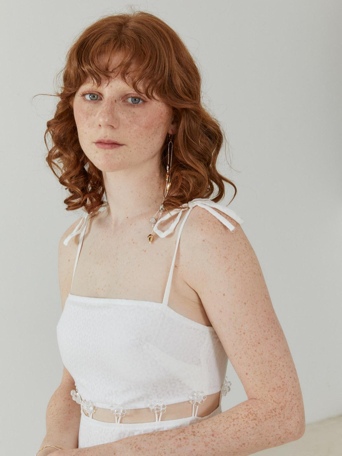 QUORRA S CHORD White Jacquard Hollowout Bow Pleated Bustier Women&