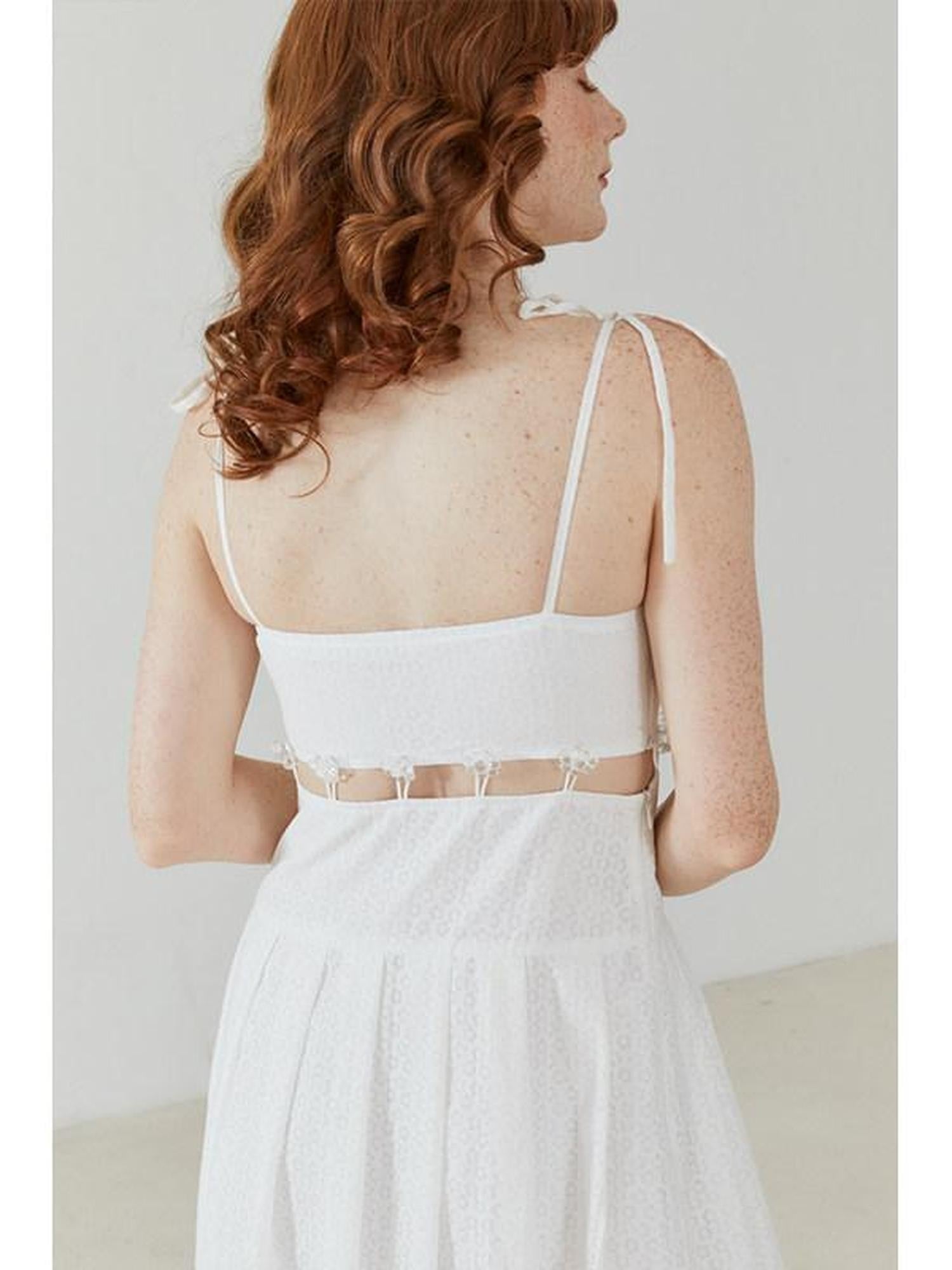 QUORRA S CHORD White Jacquard Hollowout Bow Pleated Bustier Women&