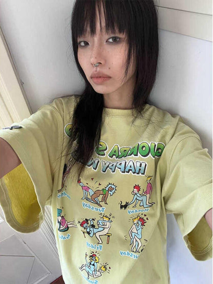 QUORRA S CHORD Yellow Green Cute Cartoon Vintage Washed Women&