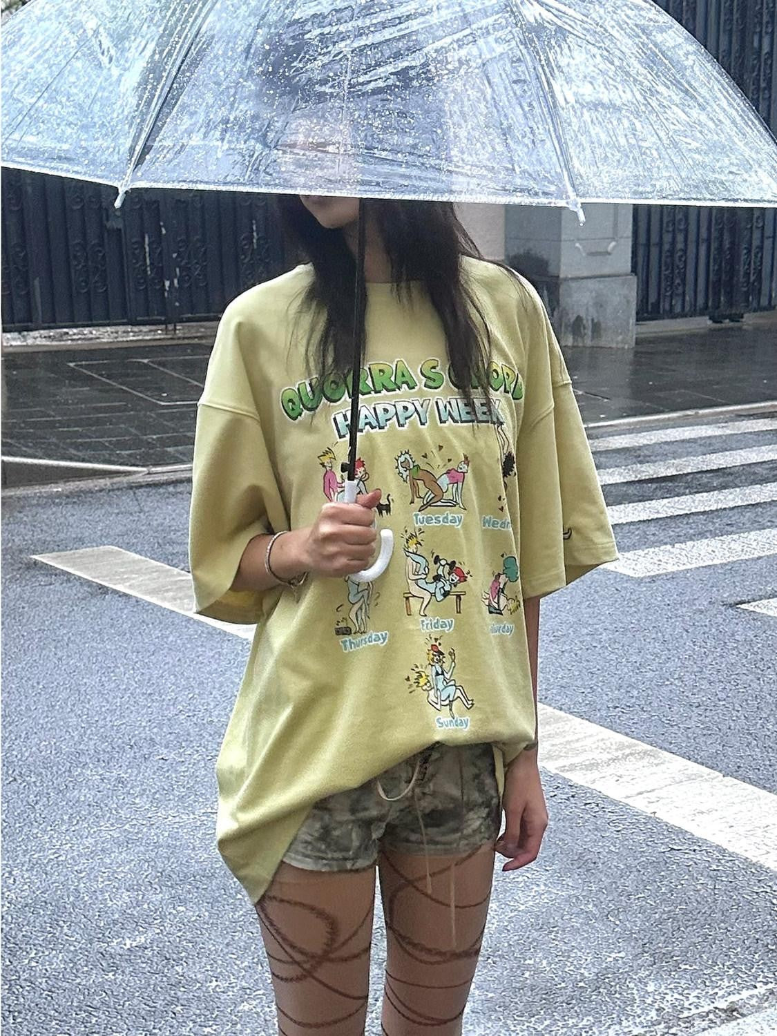 QUORRA S CHORD Yellow Green Cute Cartoon Vintage Washed Women&