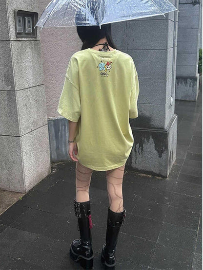 QUORRA S CHORD Yellow Green Cute Cartoon Vintage Washed Women&
