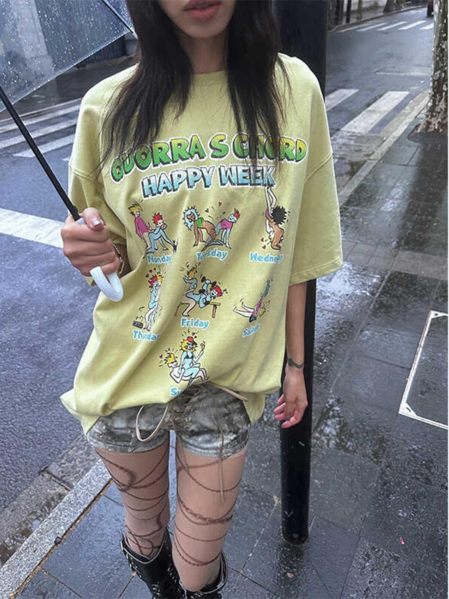 QUORRA S CHORD Yellow Green Cute Cartoon Vintage Washed Women&
