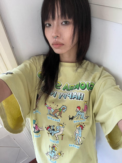 QUORRA S CHORD Yellow Green Cute Cartoon Vintage Washed Women&