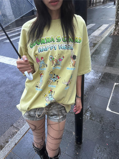QUORRA S CHORD Yellow Green Cute Cartoon Vintage Washed Women&