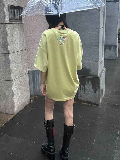 QUORRA S CHORD Yellow Green Cute Cartoon Vintage Washed Women&