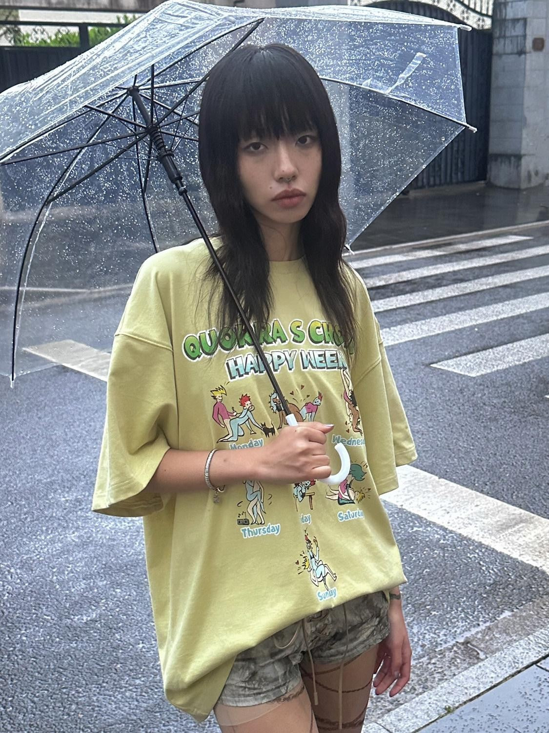 QUORRA S CHORD Yellow Green Cute Cartoon Vintage Washed Women&