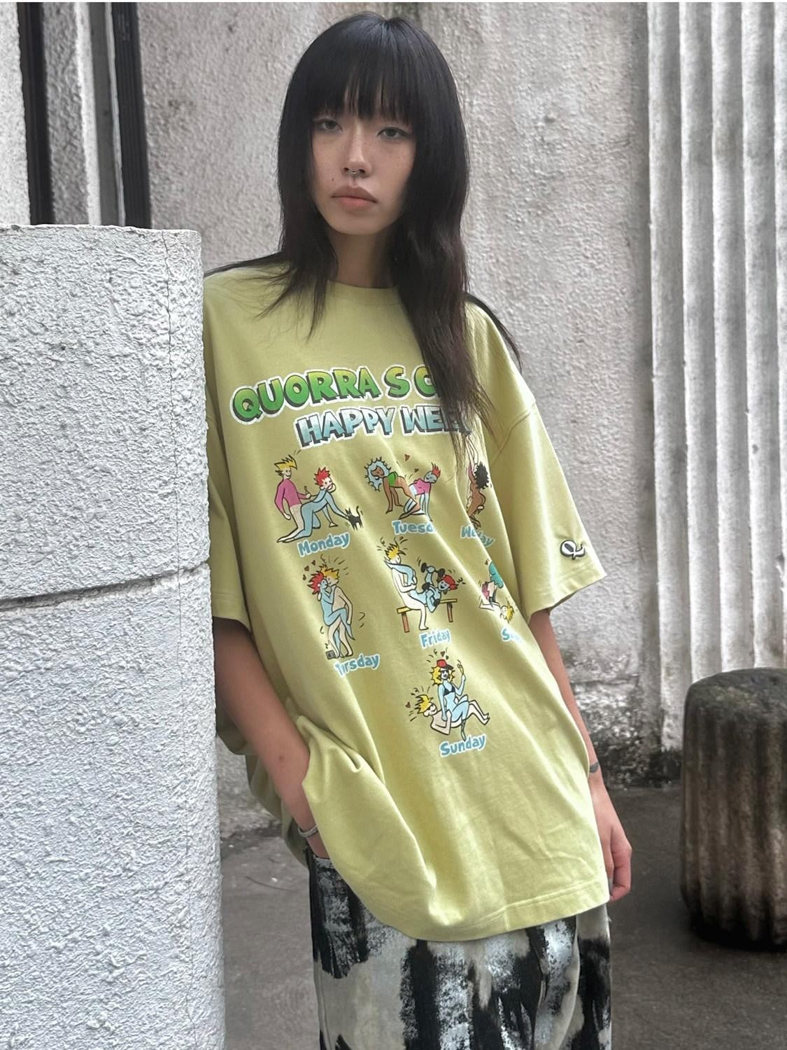 QUORRA S CHORD Yellow Green Cute Cartoon Vintage Washed Women&