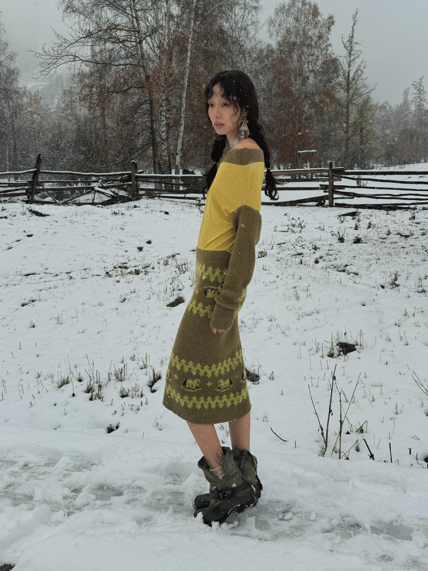QUORRA S CHORD Yellow Green Patchwork Jacquard Horse Women&