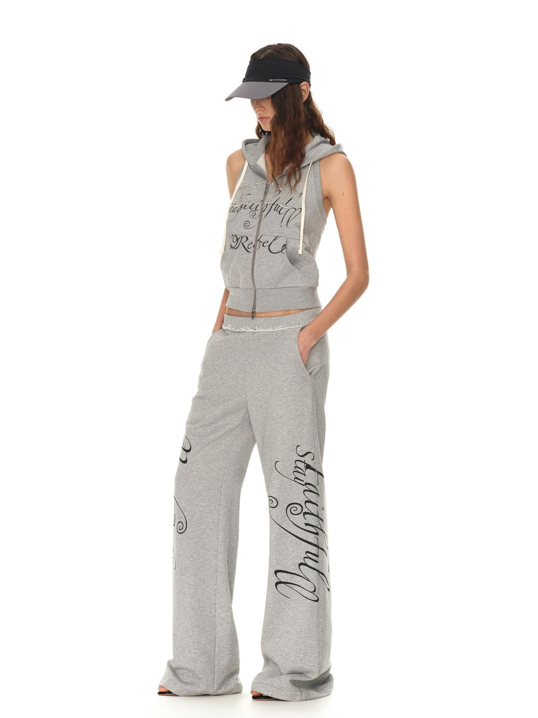 RUN TO THE FUTURE 3D Embellished Letter Print Straight Fit Sleeveless Zip Cotton Women Hoodies