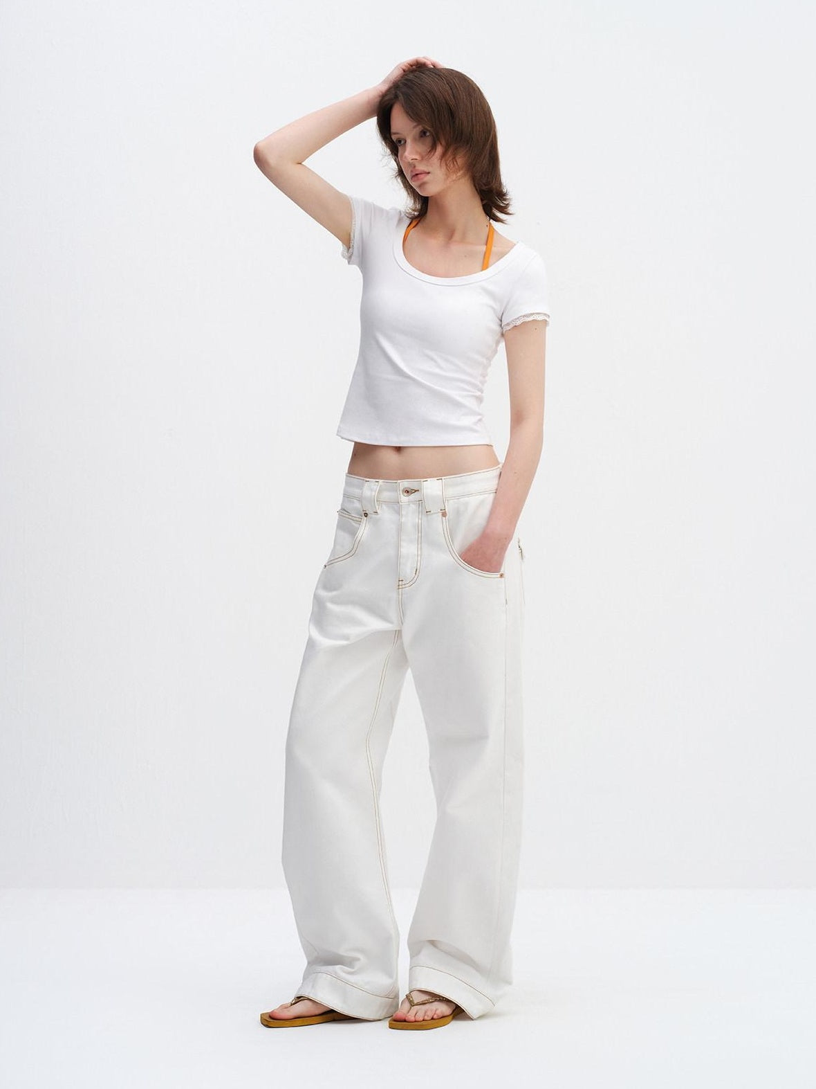 RUN TO THE FUTURE 96% Cotton Tailored Androgynous Natural Waist White Wide-Leg Jeans