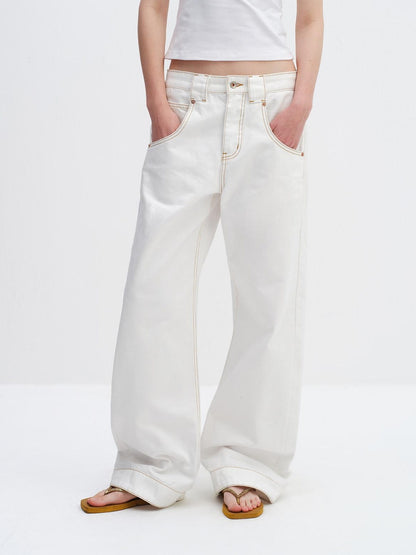 RUN TO THE FUTURE 96% Cotton Tailored Androgynous Natural Waist White Wide-Leg Jeans