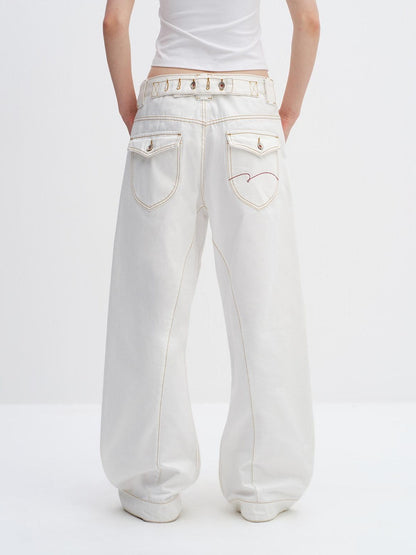 RUN TO THE FUTURE 96% Cotton Tailored Androgynous Natural Waist White Wide-Leg Jeans