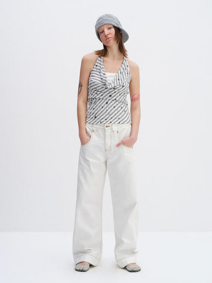 RUN TO THE FUTURE 96% Cotton Tailored Androgynous Natural Waist White Wide-Leg Jeans
