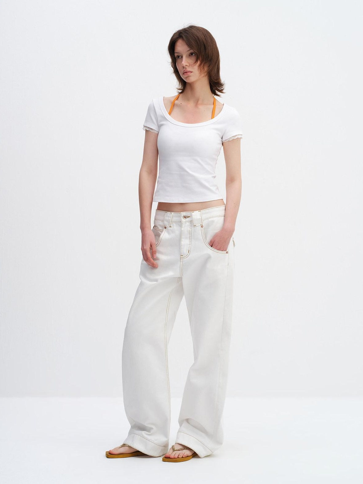 RUN TO THE FUTURE 96% Cotton Tailored Androgynous Natural Waist White Wide-Leg Jeans