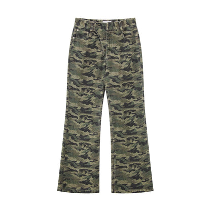 RUN TO THE FUTURE Asymmetric Camo Washed Cotton Casual Flare Loose Womens Mid Rise Straight Pants