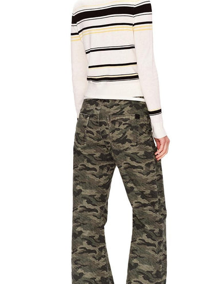 RUN TO THE FUTURE Asymmetric Camo Washed Cotton Casual Flare Loose Womens Mid Rise Straight Pants