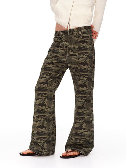 RUN TO THE FUTURE Asymmetric Camo Washed Cotton Casual Flare Loose Womens Mid Rise Straight Pants