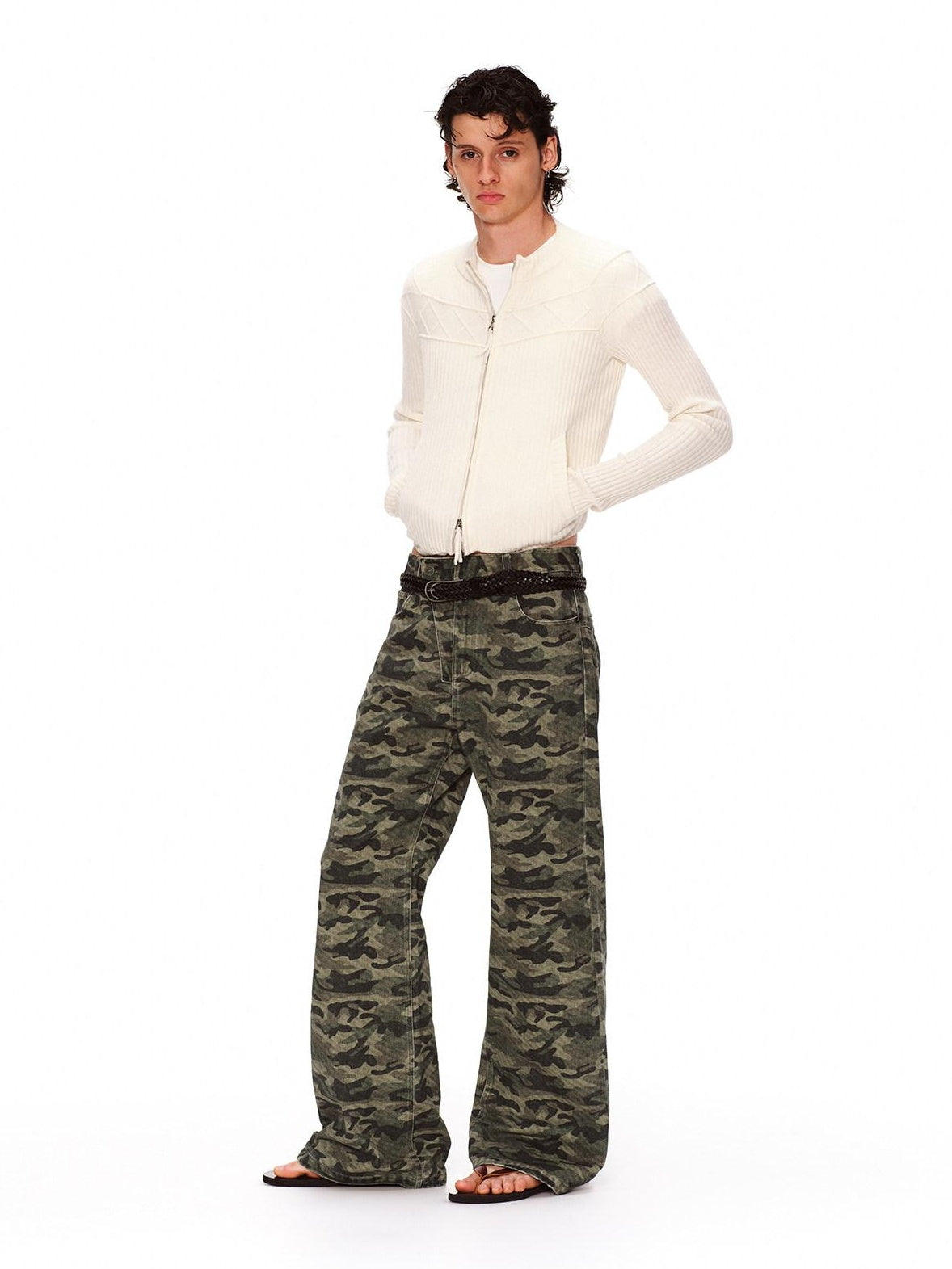 RUN TO THE FUTURE Asymmetric Camo Washed Cotton Casual Flare Loose Womens Mid Rise Straight Pants