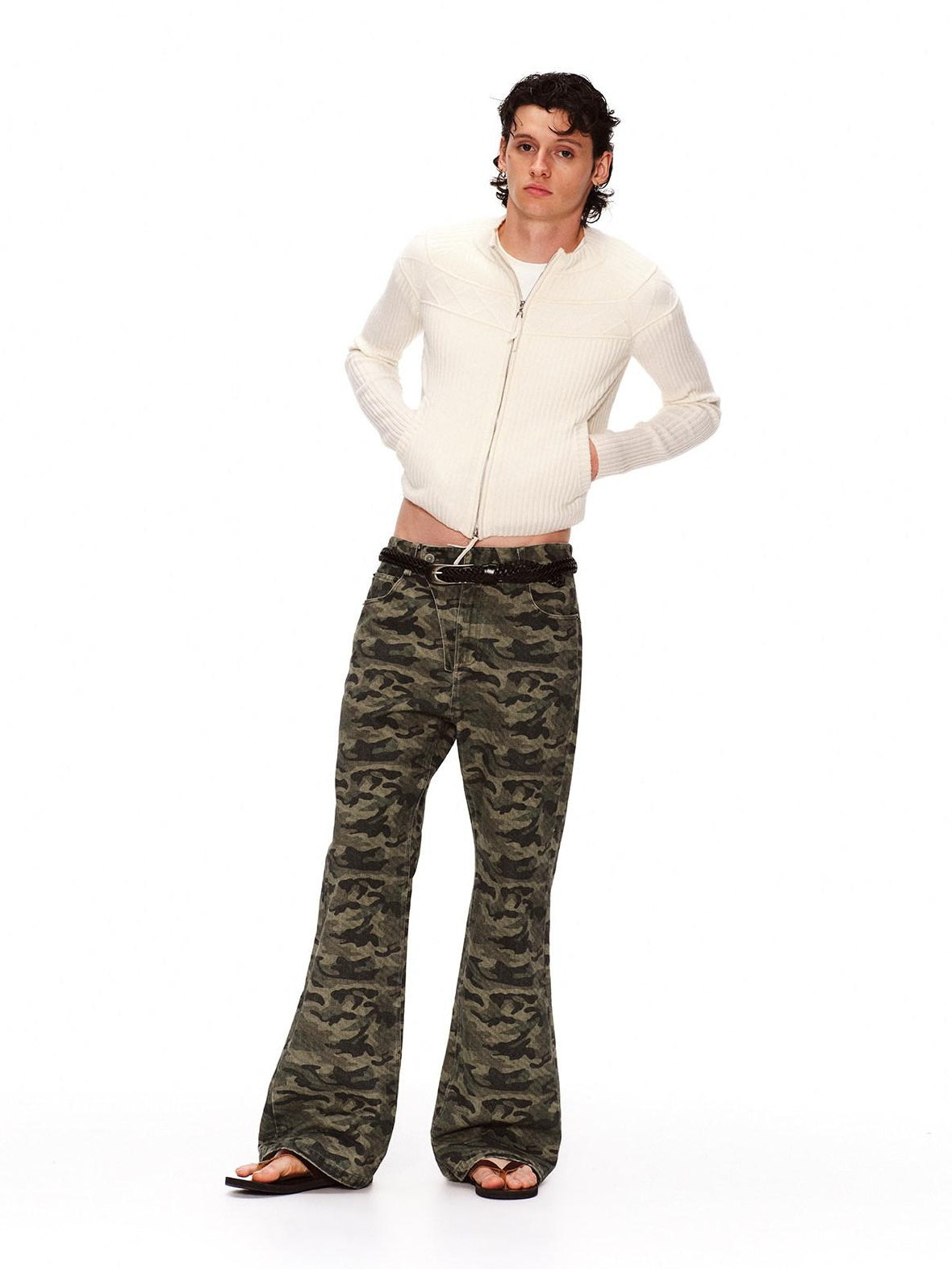 RUN TO THE FUTURE Asymmetric Camo Washed Cotton Casual Flare Loose Womens Mid Rise Straight Pants