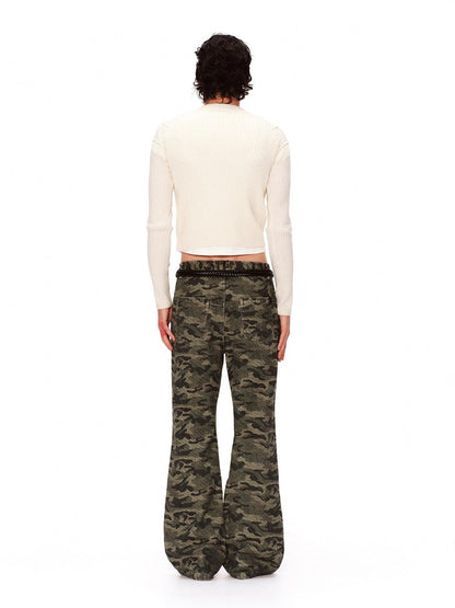 RUN TO THE FUTURE Asymmetric Camo Washed Cotton Casual Flare Loose Womens Mid Rise Straight Pants